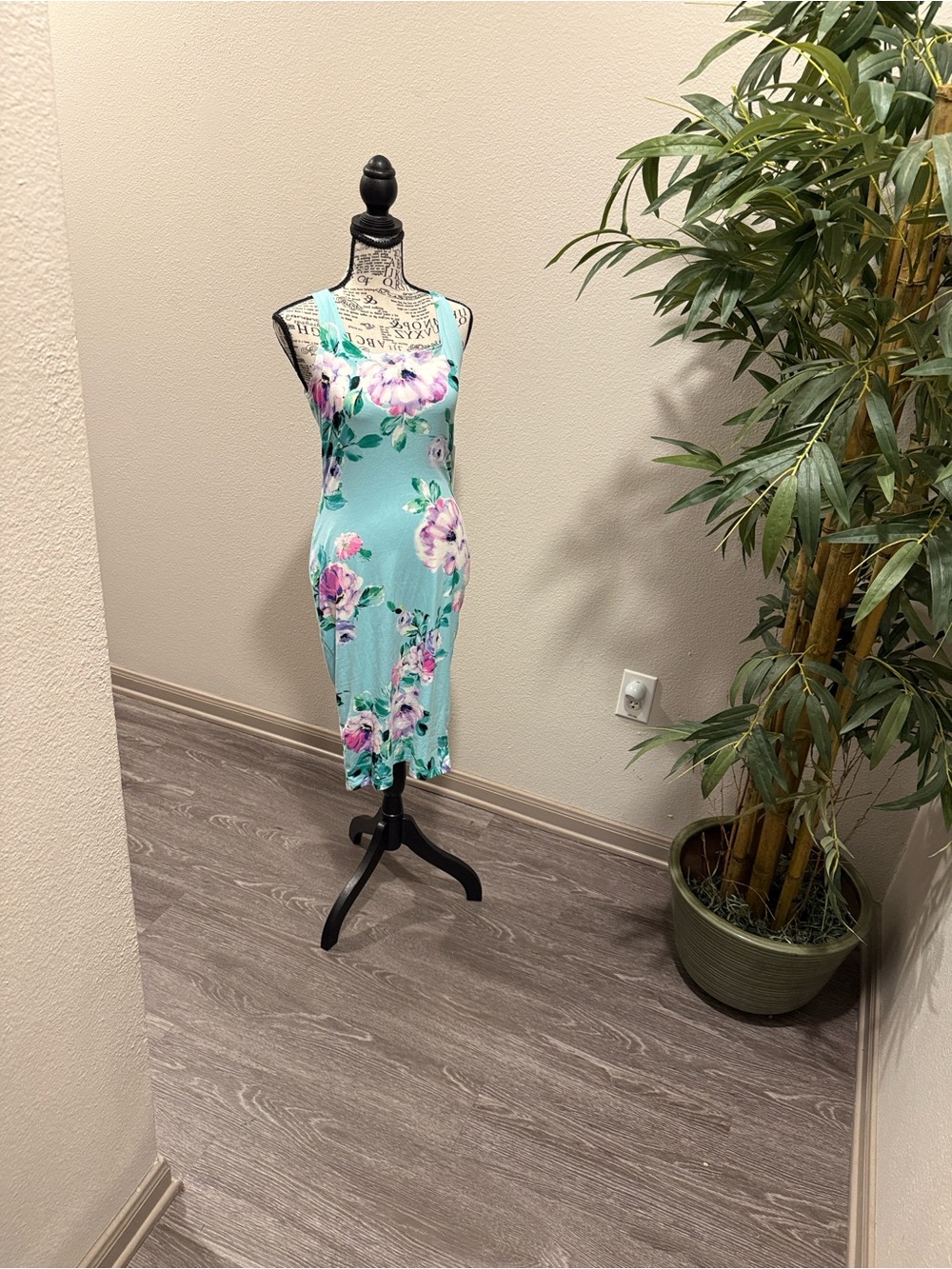 iris Aqua Floral Tank Midi Dress with Pink & Purple Blooms